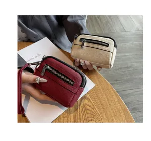 Women mini double zipper coin purse genuine leather small wallet wristlet clutch bag