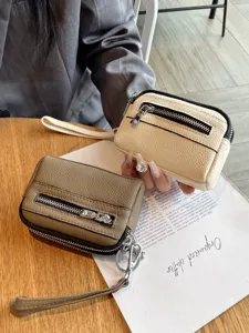 Women mini genuine leather coin purse double zipper wristlet wallet card holder handbag