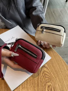 Women's Mini Genuine Leather Double Zipper Coin Purse Multi-functional Clutch Bag