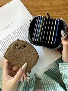 Cute cat face leather card holder wallet with multiple slots for women daily use.