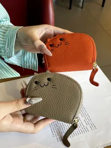 Cute cat shape leather coin purse card holder handheld display showcasing orange and khaki