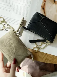 Genuine leather coin purse with keychain, soft cowhide zipper card holder for women.