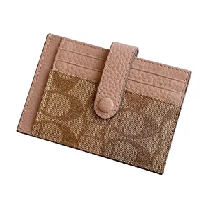 Chic women card holder in pink leather with monogram canvas pattern, multi slots and snap.