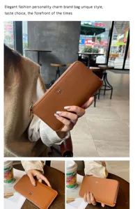 Élégant portefeuille long zippé femme en cuir texturé marron avec logo H en métal chic.