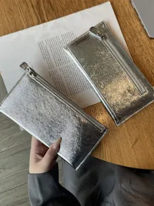 Stijlvolle metallic zilveren lange portemonnee voor dames, echt lederen telefoontas tasje.