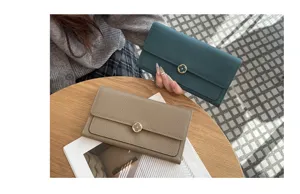 Genuine leather women's long wallet fashion clutch purse with clover clasp elegant design