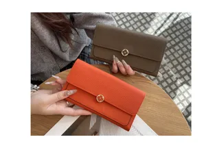 Women leather long wallet top layer cowhide clutch purse with cute clover metal clasp