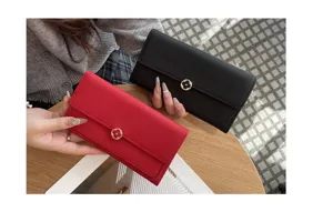 Women genuine leather long wallet clutch purse with metal clover clasp black and red options.