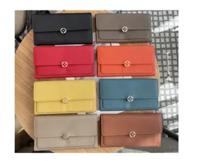 Women genuine leather long wallet litchi pattern purse with elegant flower metal clasp chic