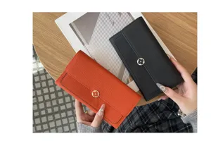 Women genuine leather long wallet clutch purse with stylish four leaf clover clasp black orange