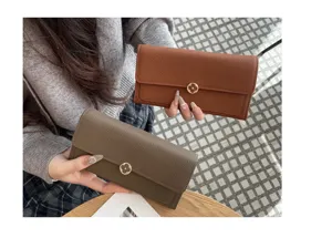 Elegant women long leather wallet top layer cowhide clutch purse with metal flower clasp chic.