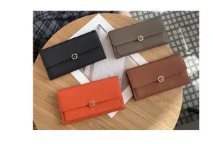 Genuine leather long wallet for women, classic flap clutch purse with metal clover clasp.
