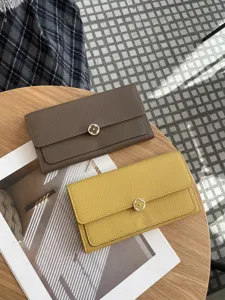 Genuine leather long wallet for women, elegant clover clasp design, stylish clutch purse brown yellow