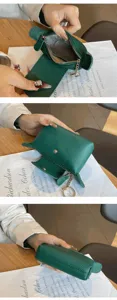 Green mini coin purse pendant keychain, compact leather coin pouch for women daily use detail.