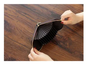 Tarjetero de acordeón compacto para mujer con múltiples ranuras y cremallera para uso diario.