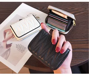 Genuine leather card holder wallet for women small slim multi-card slot zipper design.