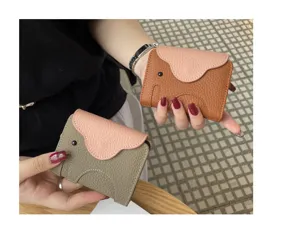 Genuine leather elephant card holder, cute bifold cowhide wallet with multi card slots.