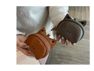 Genuine leather small coin purse, cute animal ear design, portable zipper wallet for women.