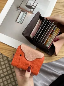 Genuine leather small elephant card holder with multi-card slots and pocket for women.