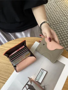 Leather elephant card holder, thin Togo cowhide multi-card wallet with driver license slot.