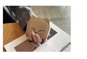 Cute cat leather card holder, slim minimalist wallet for women, compact mini zipper coin purse.