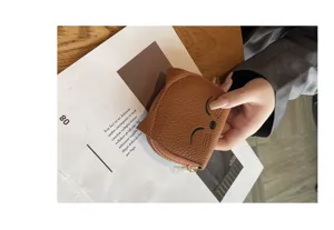 Brown leather cat card holder cute coin purse compact zipper wallet with card slots for women