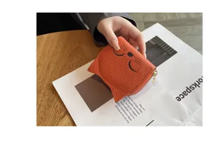 Cute orange cat ear genuine leather card holder, ultra-thin and compact coin purse for women.