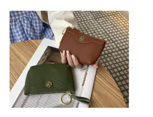 Genuine leather coin purse women retro cowhide card holder cute small wallet change pouch with keychain.