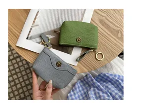 Genuine Leather Coin Purse Women Small Wallet Card Holder Zipper Mini Change Bag with Keychain
