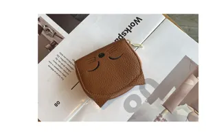Brown leather cute cat card holder, mini zipper wallet with coin pouch and card slots.