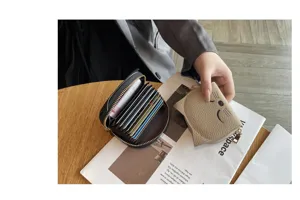 Women genuine leather accordion card holder multi slot cute cat wallet slim coin purse