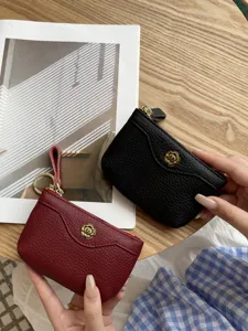Genuine leather coin purse and card holder with retro flower metal clasp for women