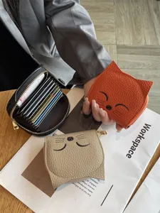 Genuine Leather Card Holder Women Cute Cat Ear Design Slim Mini Wallet Multi Card Slot Accordion Card Case Zipper Purse