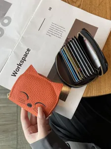 Women genuine leather card holder minimalist slim accordion wallet cute cat design compact pocket
