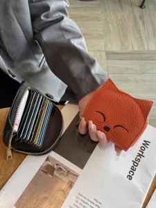 Women genuine leather card holder cute cat accordion zipper wallet slim card case