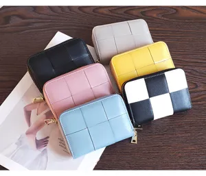 Porte-cartes zippé en cuir tressé mini portefeuille coloré style élégant mode