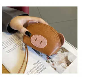Cute mini genuine leather coin purse for women, creative cute pig shape wallet with wrist strap.