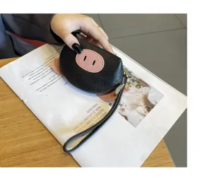 Women mini coin purse cute animal design genuine leather small wallet wrist strap black