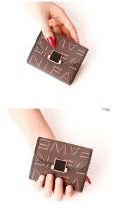 Compact brown wallet for women with card slots and chic black square clasp design.
