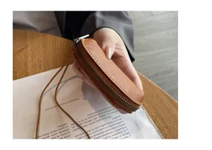 Genuine leather mini coin purse with lanyard and zipper, small key pouch for women daily use.