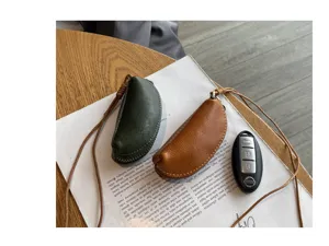 Genuine leather mini coin purse neck lanyard key pouch daily casual vintage small wallet
