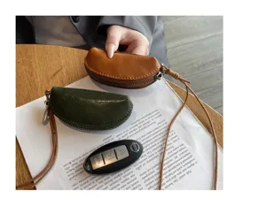 Mini genuine leather coin purse neck pouch, vintage vegetable-tanned cowhide key holder bag.