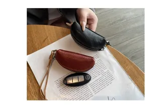 Mini genuine leather coin purse vegetable-tanned cowhide key pouch half-moon zipper