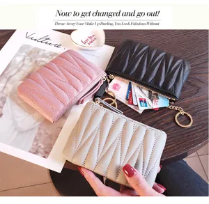 Compact leather coin purse for women, mini minimalist slim wallet with zipper and keychain.