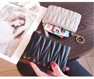 Women small leather coin purse mini short zipper wallet card holder with keychain chic.