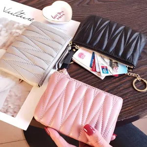 Minimalist Sheepskin Quilted Mini Coin Purse Short Zipper Wallet With Key Ring Women Fashion Card Holder