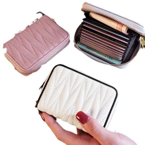 Genuine leather card holder multi-slot accordion zip wallet for women compact elegant