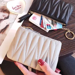 Mini quilted leather coin purse short wallet zipper card holder chic stylish daily use small bag