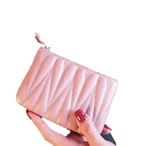 Women mini pink quilted leather coin purse cute short zipper wallet simple card holder