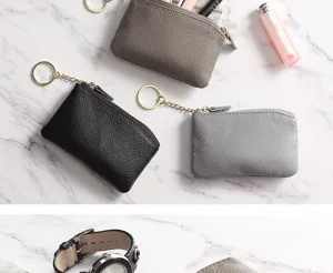 Genuine leather coin purse mini wallet with zipper and key ring for women compact design